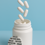 Envase blanco de polietileno tipo pastillero con sello sensitivo "Sealed for your protection", pastillas blancas entrando al frasco, fotografía de producto para empaque farmacéutico, envases para suplementos, frascos con sello de seguridad, empaque para pastillas con liner de inducción.