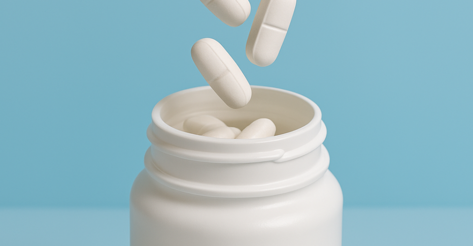 Envase blanco de polietileno tipo pastillero con sello sensitivo "Sealed for your protection", pastillas blancas entrando al frasco, fotografía de producto para empaque farmacéutico, envases para suplementos, frascos con sello de seguridad, empaque para pastillas con liner de inducción.